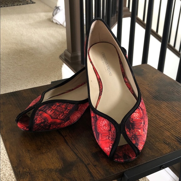 Christian Siriano Red and Black Peep-Toe Flats - Picture 1 of 8